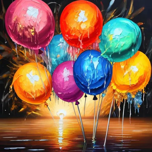 Prompt: Oil painting, Ice cream melting, sun set, balloons popping, fireworks, trumpets, fairy dust, stroller, 