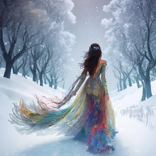 Prompt: Runway model wearing intricate dress back to camera walking in field of snow. Vibrant colors. Flowing hair. Glowing hair. Snow flakes, sparkles. by Greg rotkowski