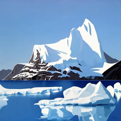 Prompt: Snow covered mountains on island, iceberg, oil painting, group of seven, Harris , Thompson 