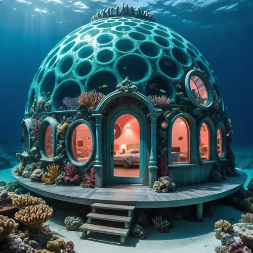 Prompt: Dome shaped dwelling made out of coral under the water on the bottom of the ocean. One wall is made of glass. Dome dwelling is full of water. Beautiful mermaid swimming inside the house. The water in the house is light up. 