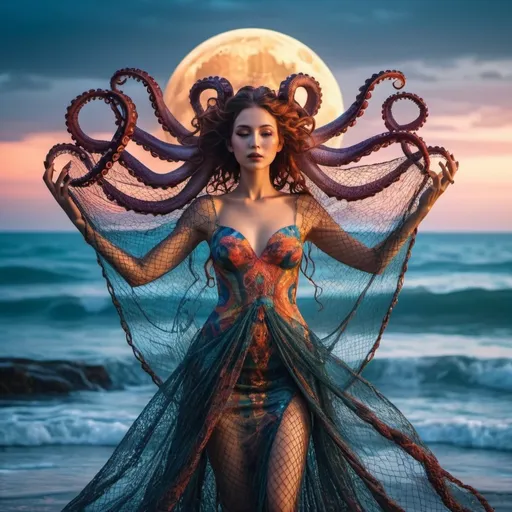 Prompt: Goddess arising from the ocean. Two moons in sky. cinematic quality Intricate fish net dress. Octopus, vibrant colors 