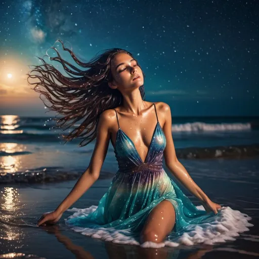 Prompt: Beautiful maiden floating on back in ocean.  Stars in sky. Milky Way. Water droplets on tanned skin. Hair wet. Skin glistening in moonlight.cinematic quality Intricate sea shell dress. Long wet hair. vibrant colors 