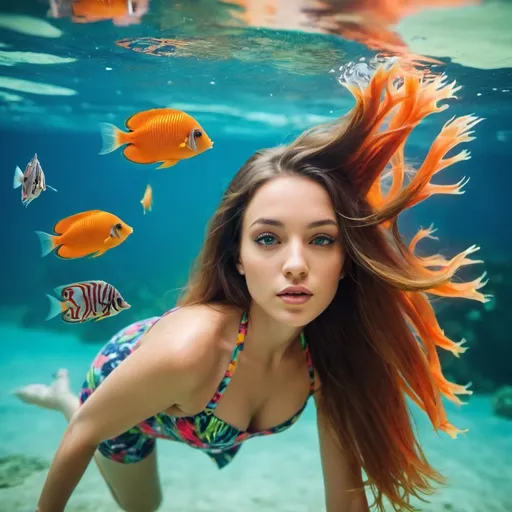 Prompt: Beautiful woman swimming underwater. Long hair. Tropical fish, coral, vibrant colors. 