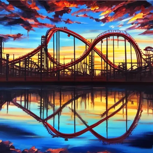 Prompt: Oil painting, roller coaster, sunset, intricate detail, reflection on water, 