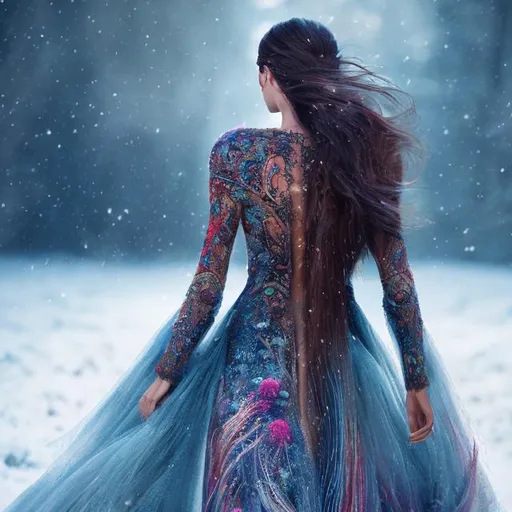 Prompt: 
Runway model wearing intricate dress back to camera walking in field of snow. Vibrant colors. Flowing hair. Glowing hair. Snow flakes, sparkles. by Greg rotkowski