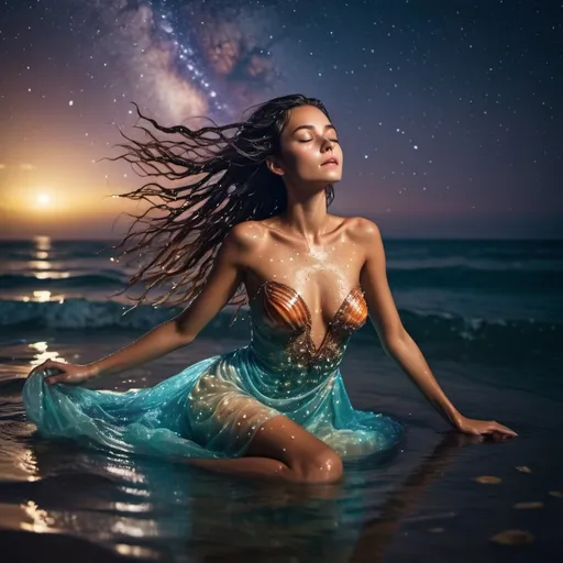 Prompt: Beautiful maiden floating on back in ocean.  Stars in sky. Milky Way. Water droplets on tanned skin. Hair wet. Skin glistening in moonlight.cinematic quality Intricate sea shell dress. Long wet hair. vibrant colors 