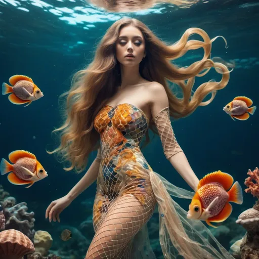 Prompt: Goddess diving underwater. Hunting for fish. Intricate fish net dress. Golden ratio. Long hair. Tropical fish, coral, vibrant colors. Octopus, sea shells, star fish. Cinematic style 