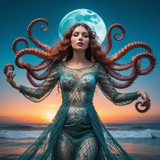 Prompt: Goddess arising from the ocean. Two moons in sky. cinematic quality Intricate fish net dress. Octopus, vibrant colors 