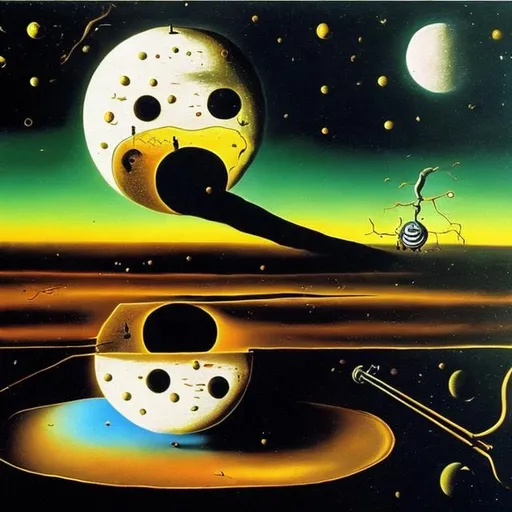 Prompt: Oil painting, F = (m)(a), large full moon, gravity, black hole, Salvador Dali 