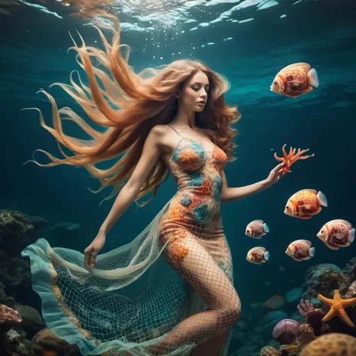 Prompt: Goddess swimming underwater. Intricate fish net dress. Golden ratio. Long hair. Tropical fish, coral, vibrant colors. Octopus, sea shells, star fish. Cinematic style 