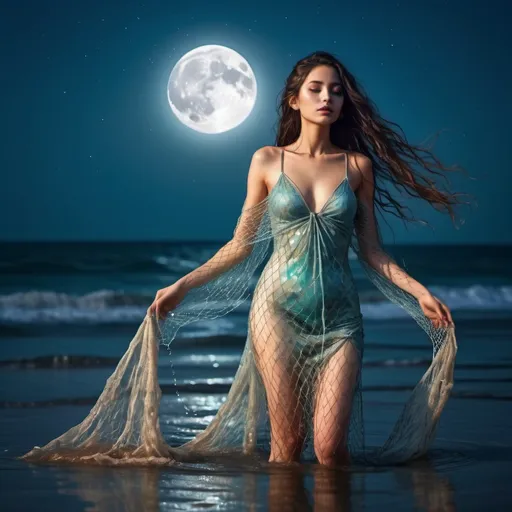 Prompt: Goddess arising from the ocean. Two moons in sky. Water droplets on skin. Hair wet. Sling glistening in moonlight.cinematic quality Intricate fish net dress. Long wet hair. vibrant colors 