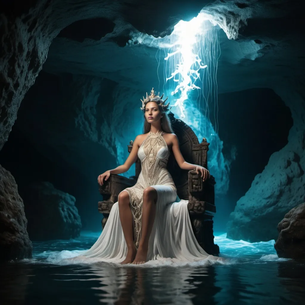 Prompt: Goddess in the ocean, sitting inside a cave, on a throne. Electricity flowing through tubes in the ceiling of cave. Intricate dress. Cinematic style.