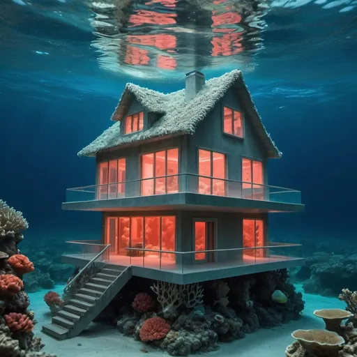 Prompt: House made out of coral under the water on the bottom of the ocean. One wall is made of glass. House is full of water. Beautiful maiden is standing inside the house. The water in the house is light up. 