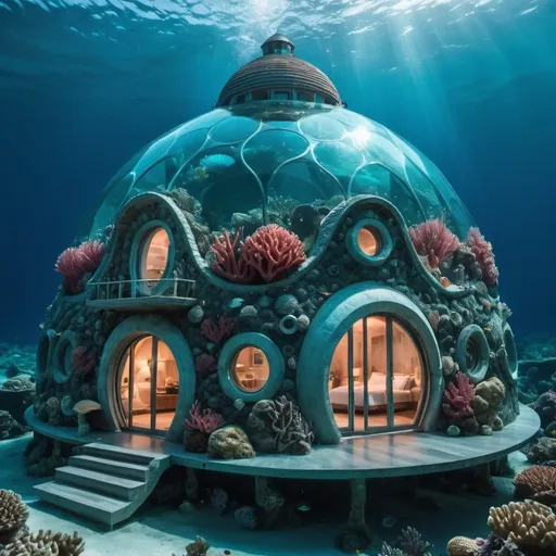 Prompt: Dome shaped dwelling made out of coral under the water on the bottom of the ocean. One wall is made of glass. Dome dwelling is full of water. Beautiful mermaid swimming inside the house. The water in the house is light up. 