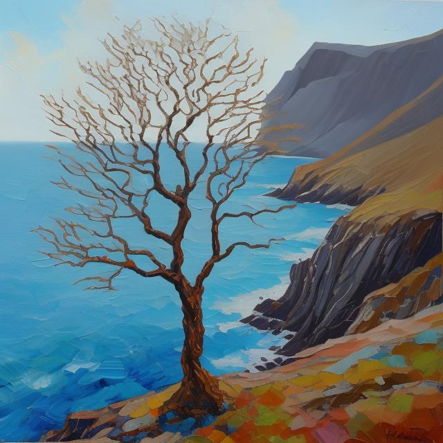 Prompt: Blue tree, oil painting, on cliff, ocean in foreground, Harris, group of 7