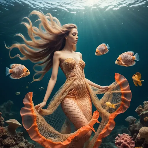 Prompt: Goddess diving underwater. Hunting for fish. Intricate fish net dress. Golden ratio. Long hair. Tropical fish, coral, vibrant colors. Octopus, sea shells, star fish. Cinematic style 