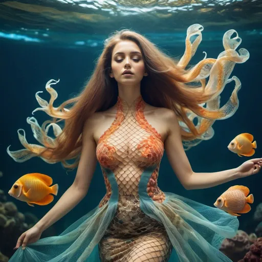 Prompt: Goddess underwater, gills on neck. Intricate fish net dress. Golden ratio. Long hair. Tropical fish, coral, vibrant colors. Octopus, sea shells, star fish. Cinematic style 