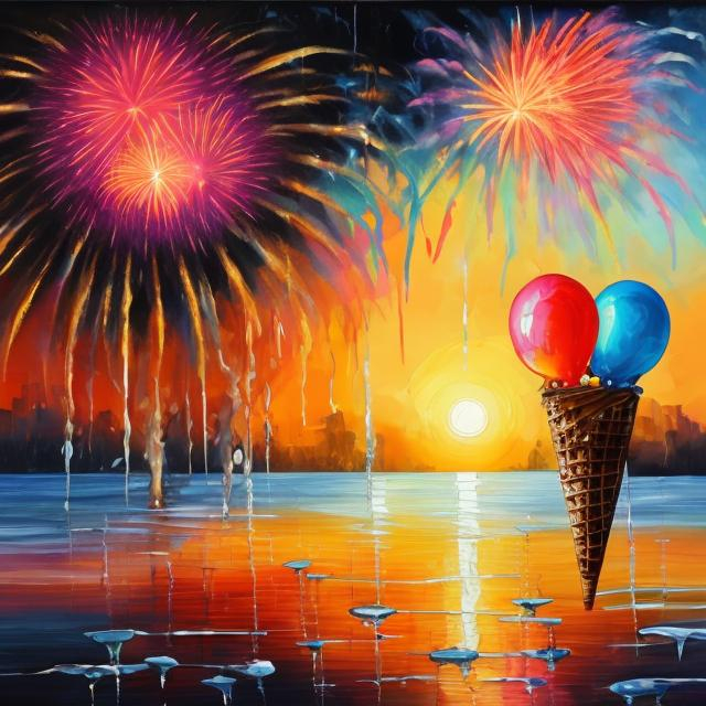 Prompt: Oil painting, Ice cream melting, sun set, balloons popping, fireworks, trumpets, fairy dust, stroller, 