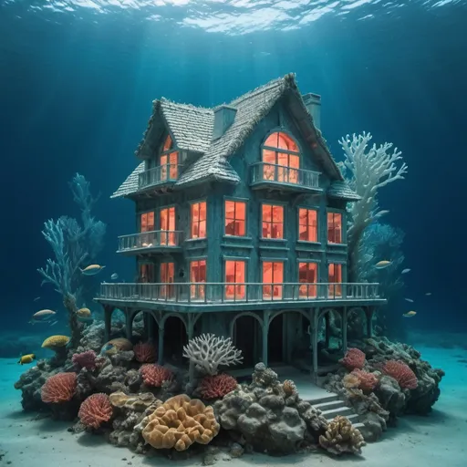 Prompt: House made out of coral under the water on the bottom of the ocean. One wall is made of glass. House is full of water. Beautiful maiden is standing inside the house. The water in the house is light up. 