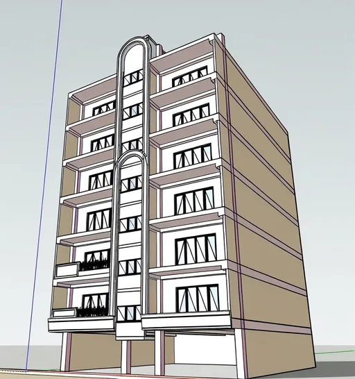 Prompt: A modern seven-story building with chocolate travertine stone, sunny skies, the building is located inside an alley with neighbors, people and vehicles moving around inside the alley and trees.