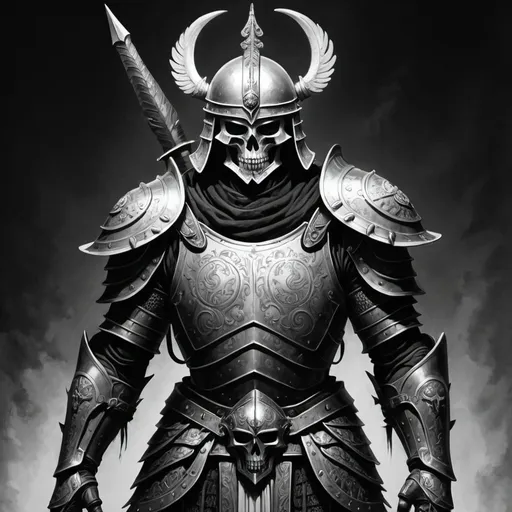 Prompt: Black and white drawing of a light armored warrior devoted to the god of death