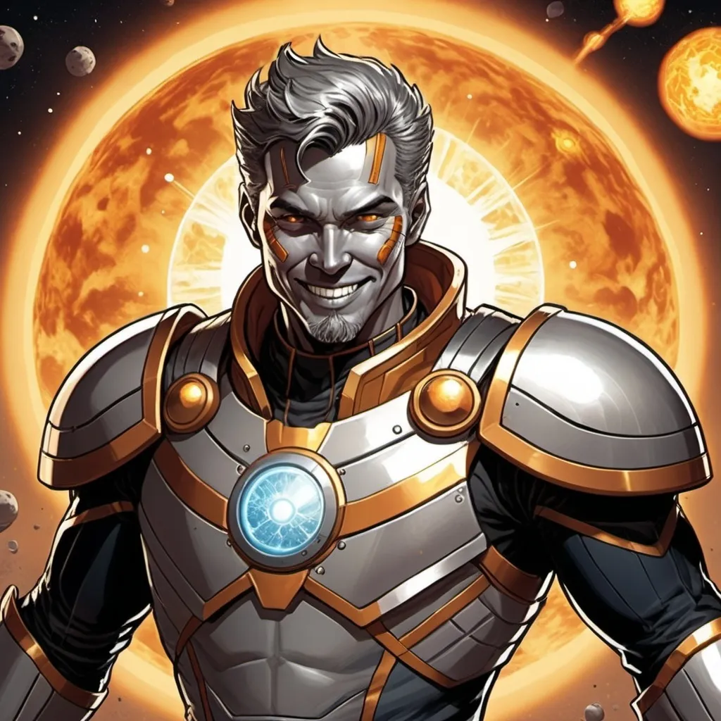 Prompt: A space opera warrior imbued with the power of the sun. He has a dashing smile and grey, dead skin. Marvel Comics art style.