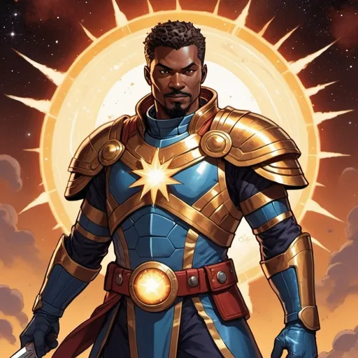 Prompt: A space opera warrior imbued with the power of the sun, wielding a sword made of starlight. He does not wear a helmet and he has a dashing smile. Marvel Comics art style.