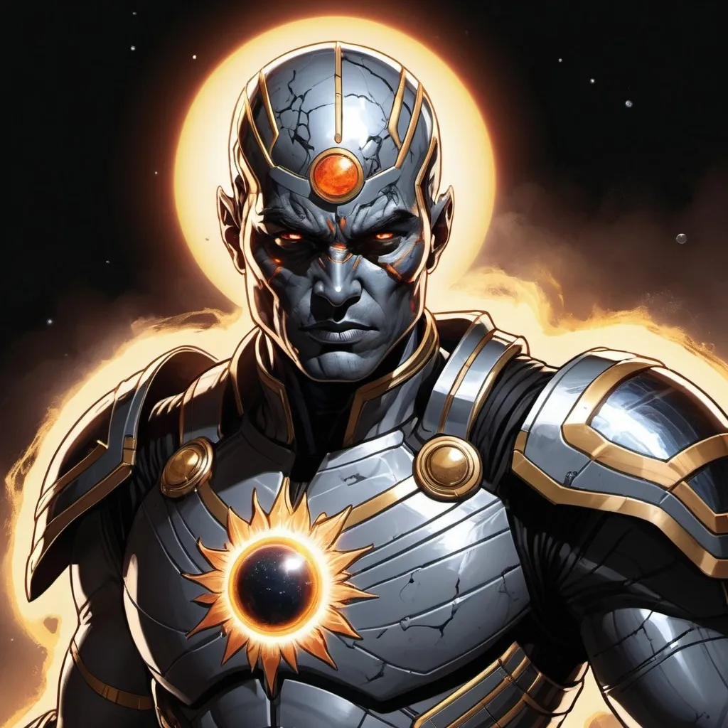 Prompt: A space opera warrior imbued with the power of the sun. He has grey skin shot through with black veins. Marvel Comics art style.