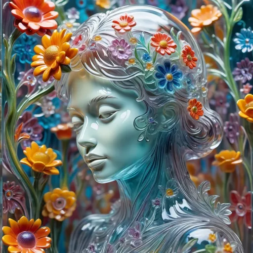 Prompt: A detailed and vibrant transparent glass sculpture of a woman with flowers, intricate details, surreal, colorful background