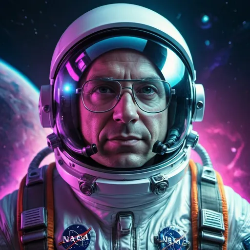 Prompt: Bald astronaut with glasses, open helmet visor, neon space background, space suit, futuristic, high-contrast, cool tones, detailed reflection, space exploration, cosmic, sci-fi, astronaut, neon, glasses, futuristic, highres, ultra-detailed, space, exploration, detailed reflection, professional, atmospheric lighting