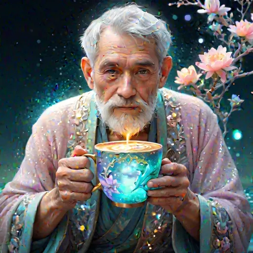 Prompt: old man <mymodel> holding an insanely detailed gorgeous sparkling pastel coffee cup with one side as pastel blooming nature and other side with pastel ocean, surrounded by glowing illuminated sparkles, Stylized watercolor, iridescent, Fantastical, Intricate, Fantasycore, Scenic, Hyperdetailed, glowing edges, beautiful pastel colors, Mucha, Cina. Cinematic, WLOP