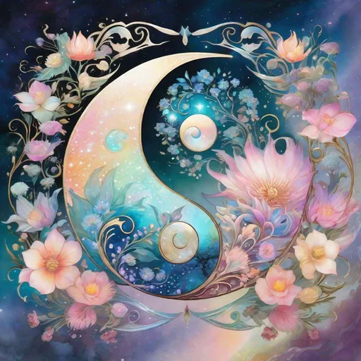 Prompt: insanely detailed gorgeous sparkling pastel yin yang with one side as pastel blooming nature and other side with pastel ocean, surrounded by glowing illuminated sparkles, Stylized watercolor, iridescent, Fantastical, Intricate, Fantasycore, Scenic, Hyperdetailed, Royo, Bagshaw, Chevrier, Ferri, Kaluta, Minguez, glowing edges, beautiful pastel colors, Mucha, Cina. Cinematic, WLOP