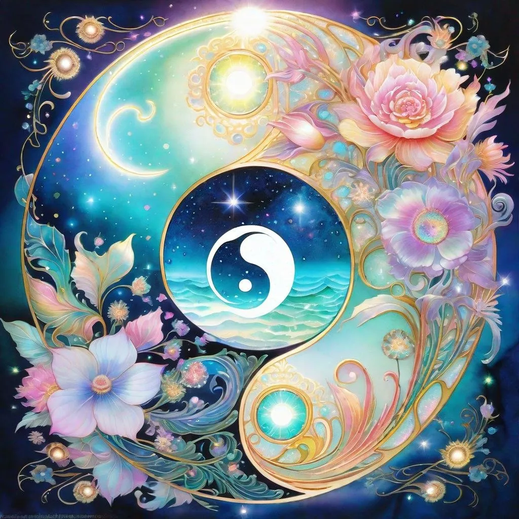 Prompt: insanely detailed gorgeous sparkling pastel yin yang with one side as pastel blooming nature and other side with pastel ocean, surrounded by glowing illuminated sparkles, Stylized watercolor, iridescent, Fantastical, Intricate, Fantasycore, Scenic, Hyperdetailed, Royo, Bagshaw, Chevrier, Ferri, Kaluta, Minguez, glowing edges, beautiful pastel colors, Mucha, Cina. Cinematic, WLOP