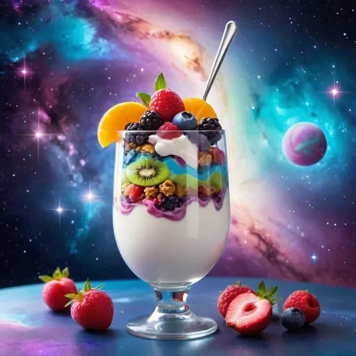 Prompt: Yogurt parfait in space, cosmic theme, vibrant colors, high quality, surrealistic, galaxy background, swirling nebula, sparkling stars, delicious fruits, creamy texture, translucent glass, cosmic atmosphere, best quality, highres, vibrant colors, surrealistic, cosmic, swirling nebula, sparkling stars, delicious fruits, creamy texture, translucent glass, cosmic atmosphere