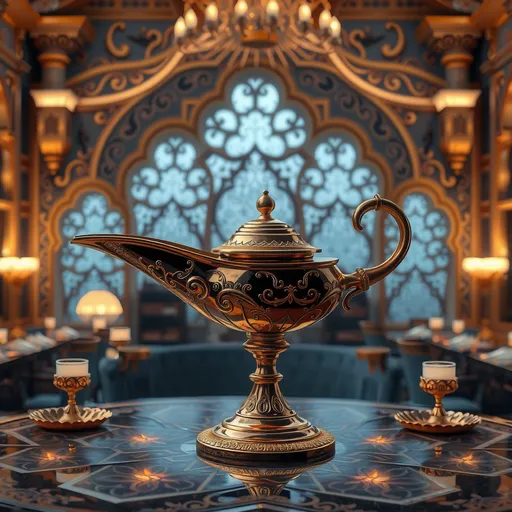 Prompt: (shiny gold Aladin's Lamp), elegant, modern table, intricate details, warm ambient lighting, captivating atmosphere, rich textures, luxurious, inviting ambiance, high-quality visual, ultra-detailed, harmonious blend of classic and contemporary design, showcasing enchantment and allure, creating an atmosphere of magic and wonder.