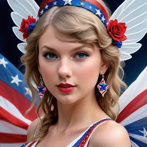 Prompt: Taylor Swift closeup as a patriotic fairy goddess, vivid red, white, and blue colors, dreamlike setting, ethereal and majestic, detailed features, 4th of July celebration, vibrant and surreal, high quality, dreamscape, patriotic, fairy goddess, vivid colors, detailed features, ethereal, majestic, surreal, vibrant, closeup, dreamlike, fantasy art, professional, vibrant lighting