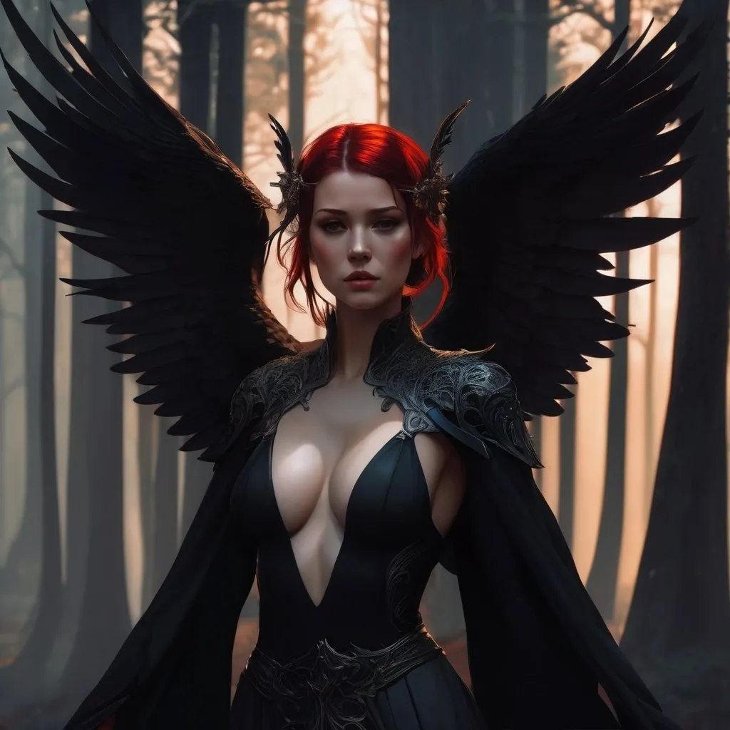 Prompt: a beautiful cinematic female seraphim, deep cleavage, black wings slightly burnt, fantasy forest landscape, fantasy magic, undercut hairstyle, short red black fade hair, dark light night, intricate, elegant, sharp focus, illustration, highly detailed, digital painting, concept art, matte, art by WLOP and Artgerm and Greg Rutkowski and Alphonse Mucha, masterpiece