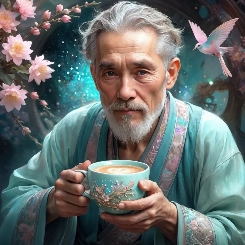 Prompt: Old man <mymodel> holding insanely detailed gorgeous sparkling pastel coffee cup with one side as pastel blooming nature and other side with pastel ocean, surrounded by glowing illuminated sparkles, Stylized watercolor, iridescent, Fantastical, Intricate, Fantasycore, Scenic, Hyperdetailed, Royo, Bagshaw, Chevrier, Ferri, Kaluta, Minguez, glowing edges, beautiful pastel colors, Mucha, Cina. Cinematic, WLOP