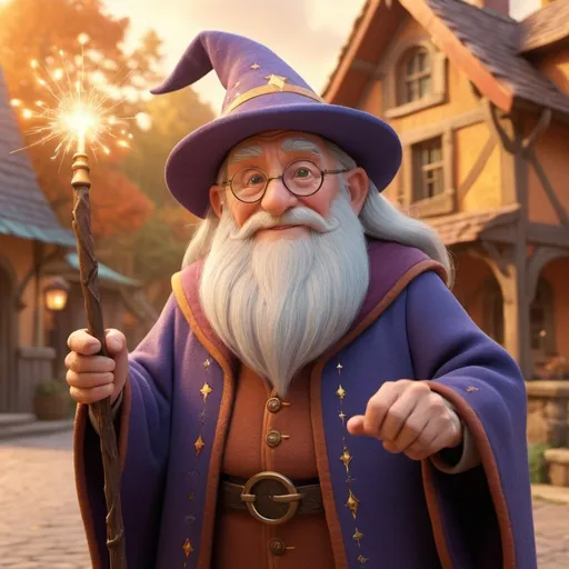 Prompt: 3D render of a wise old wizard holding a magic wand, Disney Pixar style, cinematic village setting, vibrant and warm color palette, detailed facial features, magical glow, whimsical atmosphere, high-quality, 4k, cinematic, Disney Pixar, 3D render, wise old wizard, magic wand, vibrant colors, cinematic village setting, detailed facial features, magical glow, whimsical atmosphere