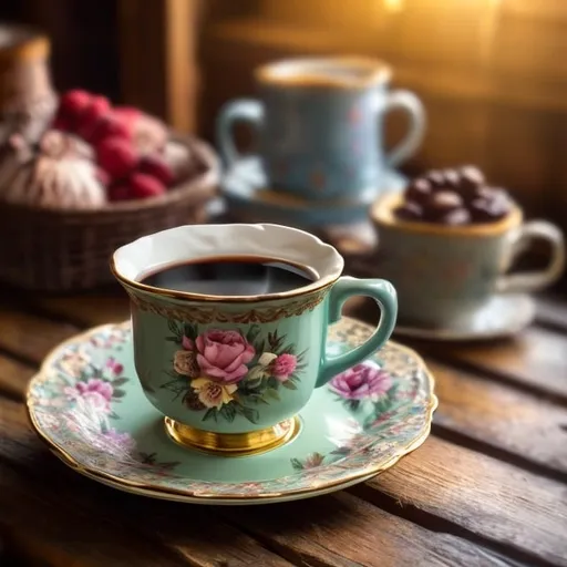 Prompt: beautifully colored coffee cup containing steaming hot coffee medium light. Cup is sitting on an old country kitchen table in a brightly lit country kitcchen with morning light shining in. Photorealistic, country kitchen, beautifully ornate colored coffee cup. beautifully deccorated whole cake sitting in background.






