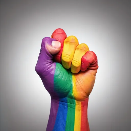 Prompt: a rainbow colored fist raised high in celebration of Pride Month. 