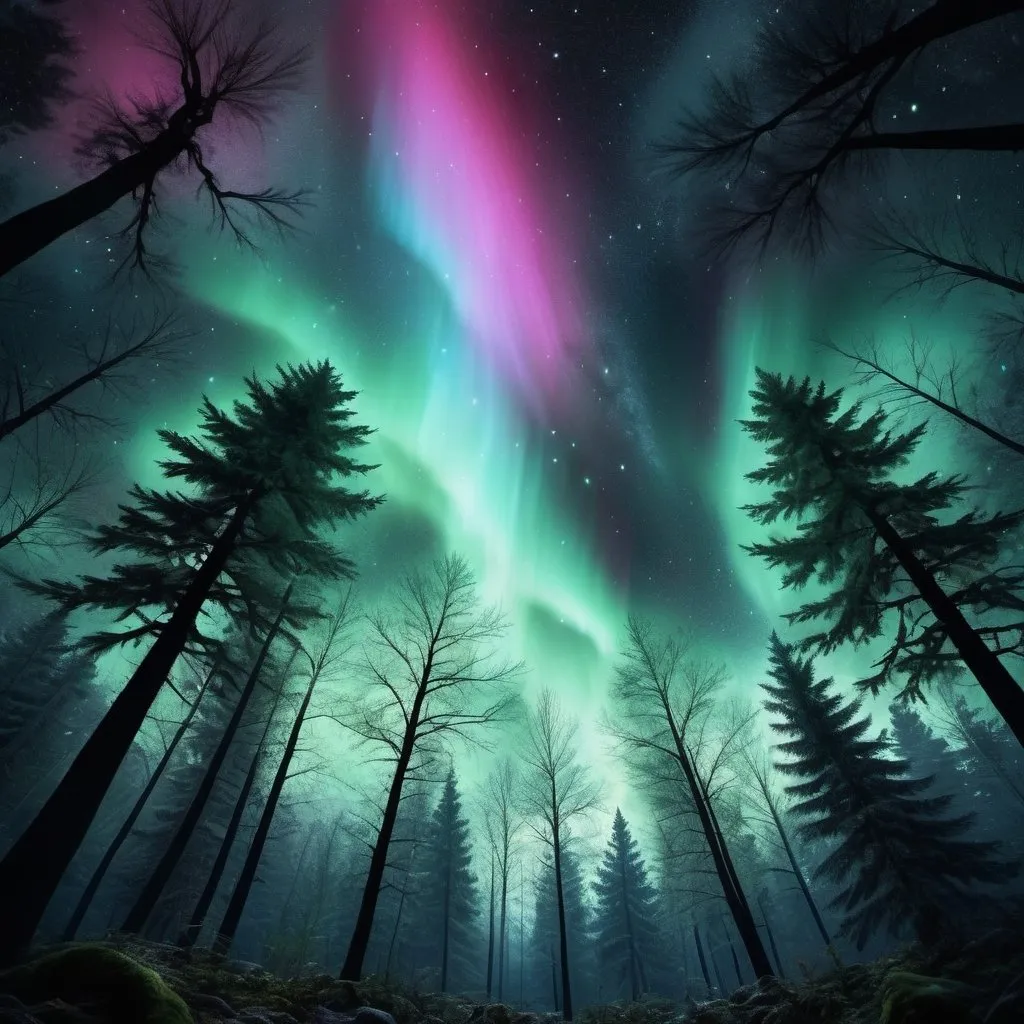 Prompt: Beautiful hyper-realistic nebulea with aurora looking up through dark trees in the forest