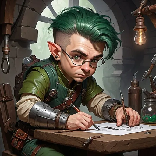 Prompt: dungeons and dragons fantasy art halfling male artificer with dark green hair workshop tinkerer using <mystyle>