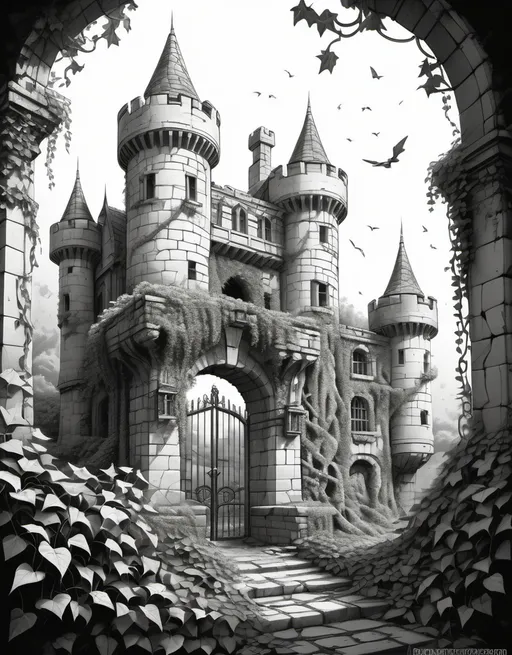 Prompt: An ancient, abandoned castle overtaken by nature, with ivy-covered walls, intricate stonework, and a broken gate. A stunning monochrome coloring page. Pure white background, black and white color with no shading, crisp drawing line, extremely high-quality coloring book style, anime style, clean and bold lines, and a high level of detail to give it a clarity and clean appearance. The image is bold, clean, and crisp line art, ink drawing in coloring book style.