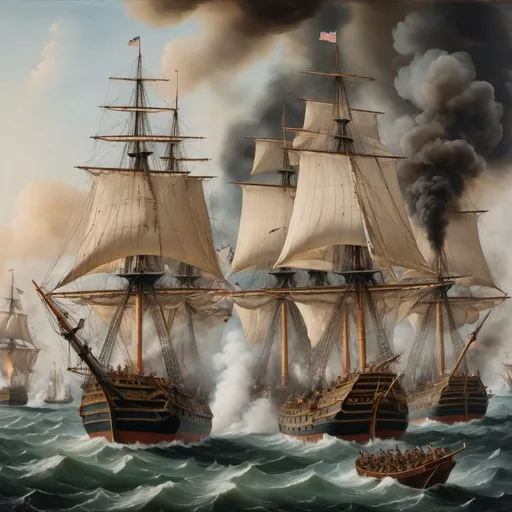 Prompt: A historic naval battle scene, with tall ships engaged in fierce combat, cannon smoke blurring the air, oil on cotton canvas to capture the chaos of the battle and the detailed textures of the ships' sails and the sea's foam --ar 16:9 --s 250