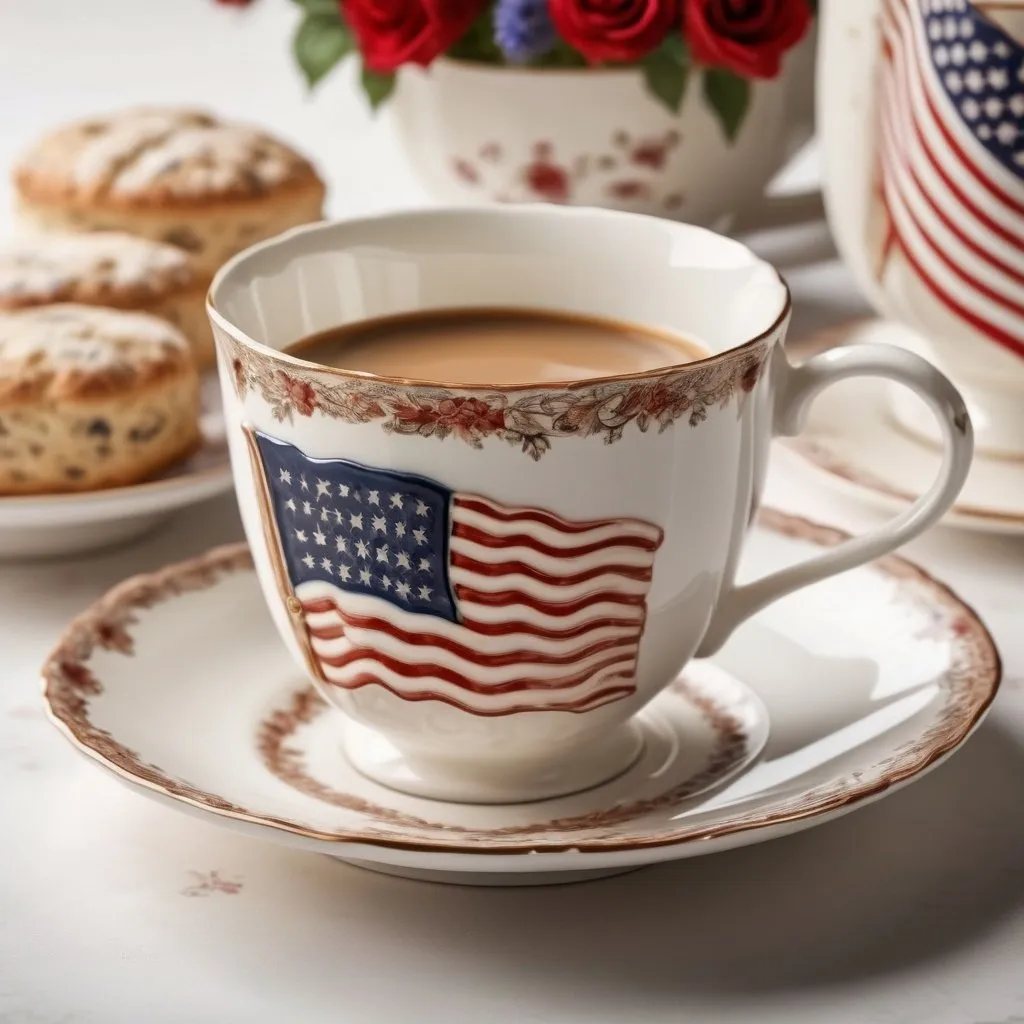 Prompt: Beautiful, elegant, intricate porcelain coffee cup, delicate US Flag patterns, morning breakfast table, scones, high quality, detailed, realistic, vintage, warm tones, soft lighting, 16:9 aspect ratio, vintage porcelain, delicate design, elegant, intricate patriotic patterns, realistic details, highres, ultra-detailed, vintage style, warm hues, soft lighting