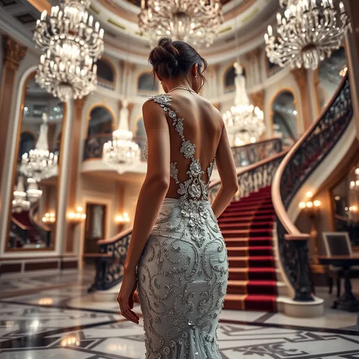 Prompt: (model by grand staircase), (expansive ballroom), marble floors, high ceilings, sparkling chandeliers, soft reflections in mirrors, exquisite sequined designer bodice, glamorous atmosphere, opulent ambiance, refined elegance, luxurious details, classic architecture, HD, ultra-detailed, dramatic lighting, fashion photography style