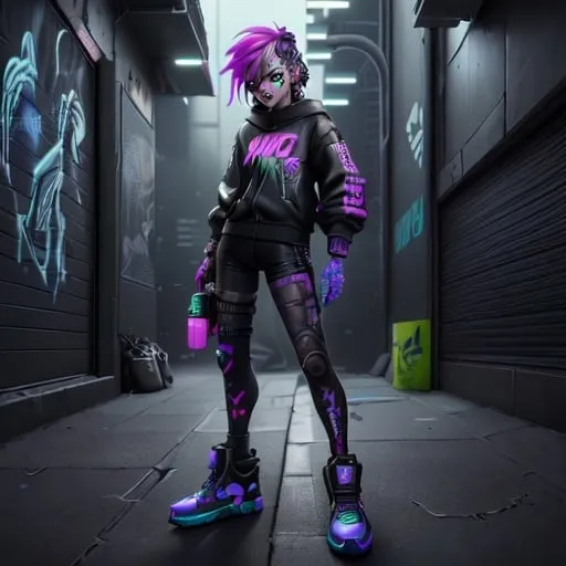 Prompt: Cyberpunk street artist in a neon-lit alley, spray painting a vibrant mural, futuristic attire with LED accents, detailed spray can and graffiti art, dynamic composition with urban decay, realistic textures of concrete and street art, high-resolution, rebellious urban expression theme, 4k --ar 16:9 --s 130