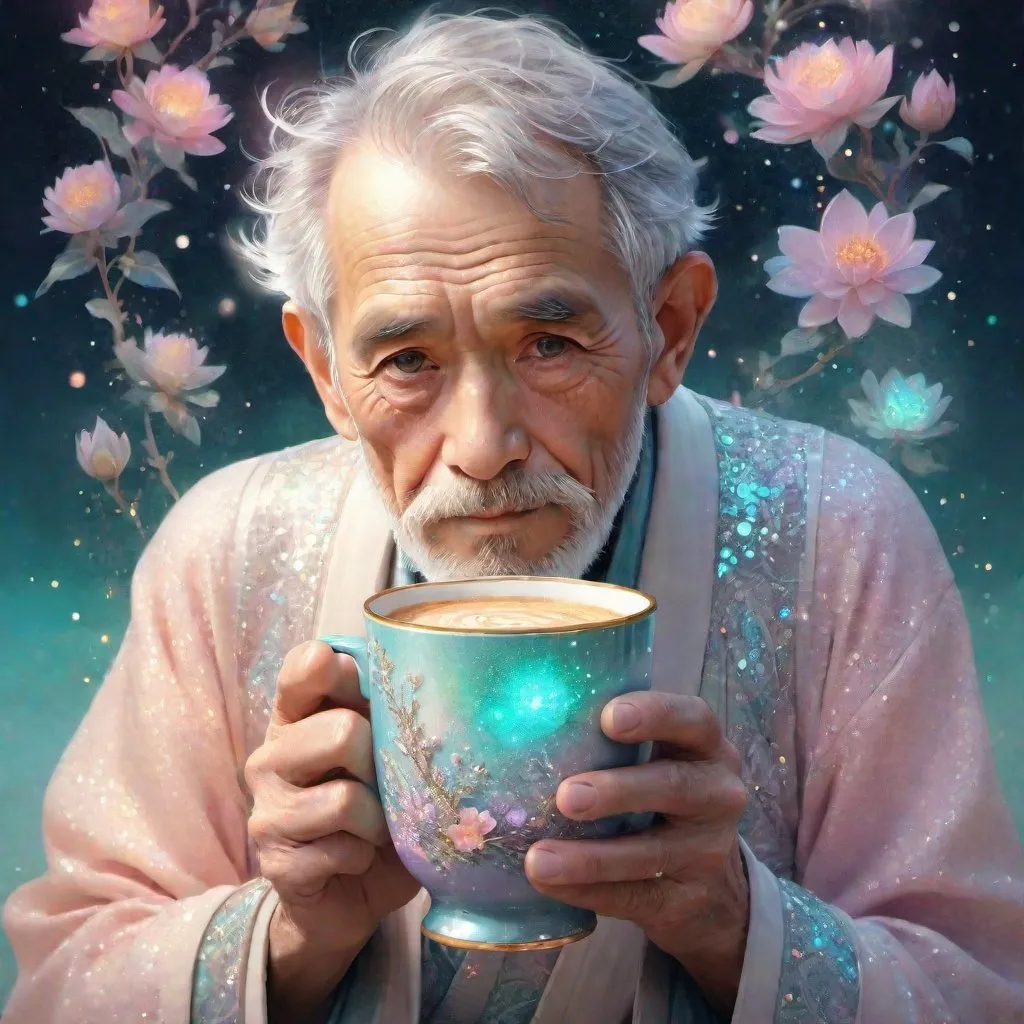 Prompt: old man <my model> holding an insanely detailed gorgeous sparkling pastel coffee cup with one side as pastel blooming nature and other side with pastel ocean, surrounded by glowing illuminated sparkles, Stylized watercolor, iridescent, Fantastical, Intricate, Fantasycore, Scenic, Hyperdetailed, glowing edges, beautiful pastel colors, Mucha, Cina. Cinematic, WLOP