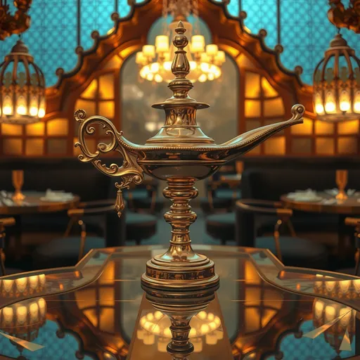 Prompt: (shiny gold Aladin's Lamp), elegant, modern table, intricate details, warm ambient lighting, captivating atmosphere, rich textures, luxurious, inviting ambiance, high-quality visual, ultra-detailed, harmonious blend of classic and contemporary design, showcasing enchantment and allure, creating an atmosphere of magic and wonder.